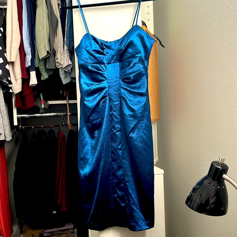 Connected Apparel metallic blue midi dress size 8